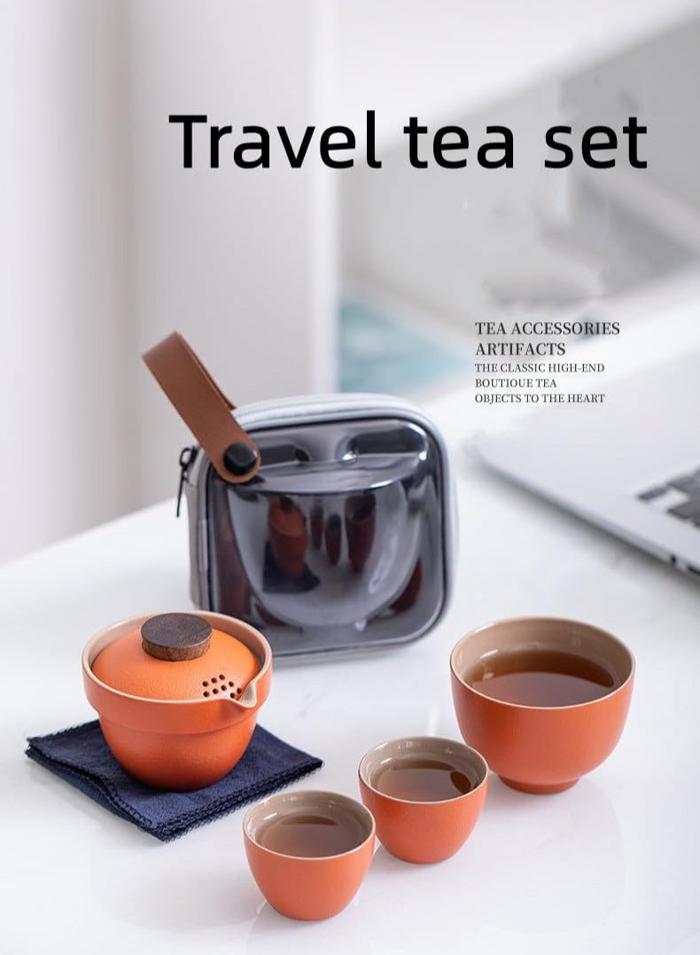 Handmade Ceramic Asian Tea Set, Kungfu Tea Sets, Portable Sake Cup for Adult, 1 Pot 3 Cups Porcelain Teacups with Tea Infuser Bag, Exquisite Tea Set for Tea Lover, Suitable for Friends Gathering