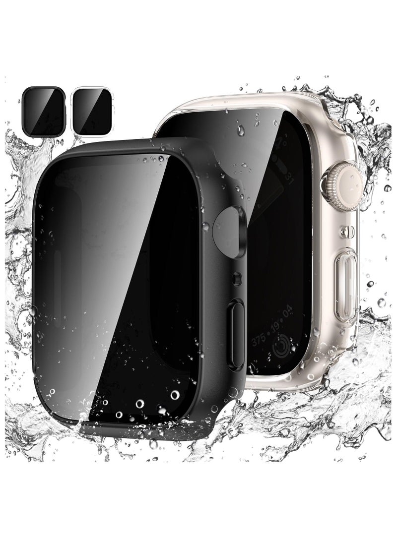 2 Pac Waterproof Privacy Case for Apple Watch 9 8 7 45mm with 9H Anti-Spy Tempered Glass Screen Protector, Full Body Hard PC Bumper Cases Protective Cover for iWatch9/iWatch8 (Clear+Black)