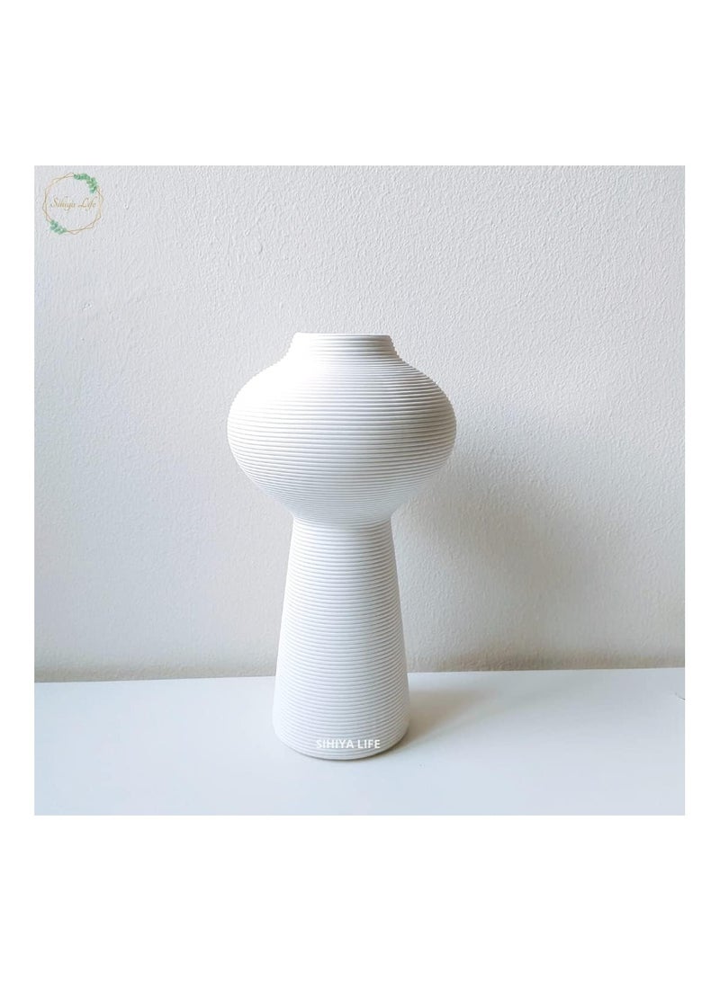 Warm White Tall Embossed Line Ceramic Vase | with 10pcs White Vase Fillers | for Flower Arrangements, Elegant Home Décor, Gifting (C)