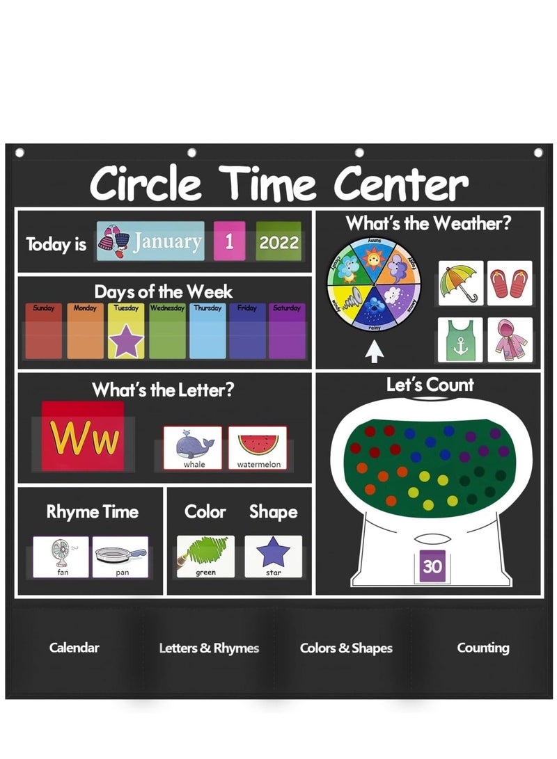 Circle Time Learning Center Pocket Chart, Kids Calendar for Classroom, Educational Weather Letter Counting Rhyme Color Shape for Activity