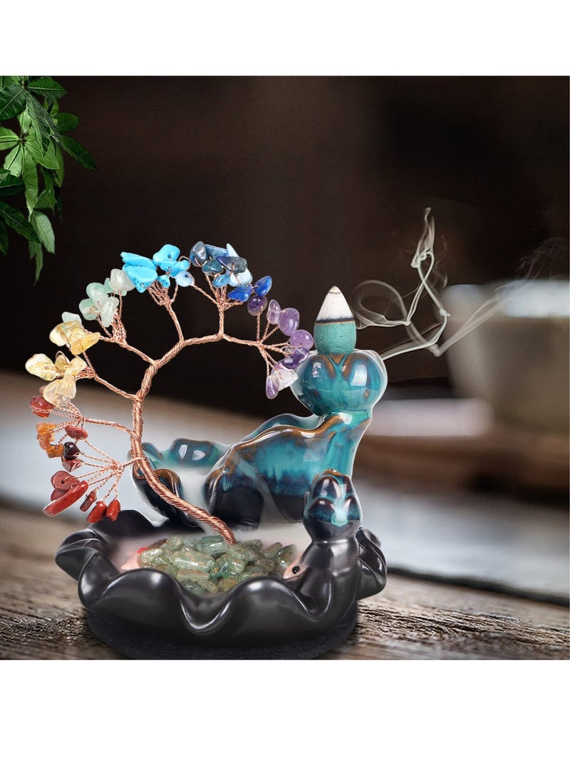 Ceramic Incense Waterfall Backflow Incense Holder, 7 Chakras Crystal Tree Incense Holder, Namaste Yoga Meditation and Home Decor with 20 Backflow Incense Cones & 50 Incense Sticks