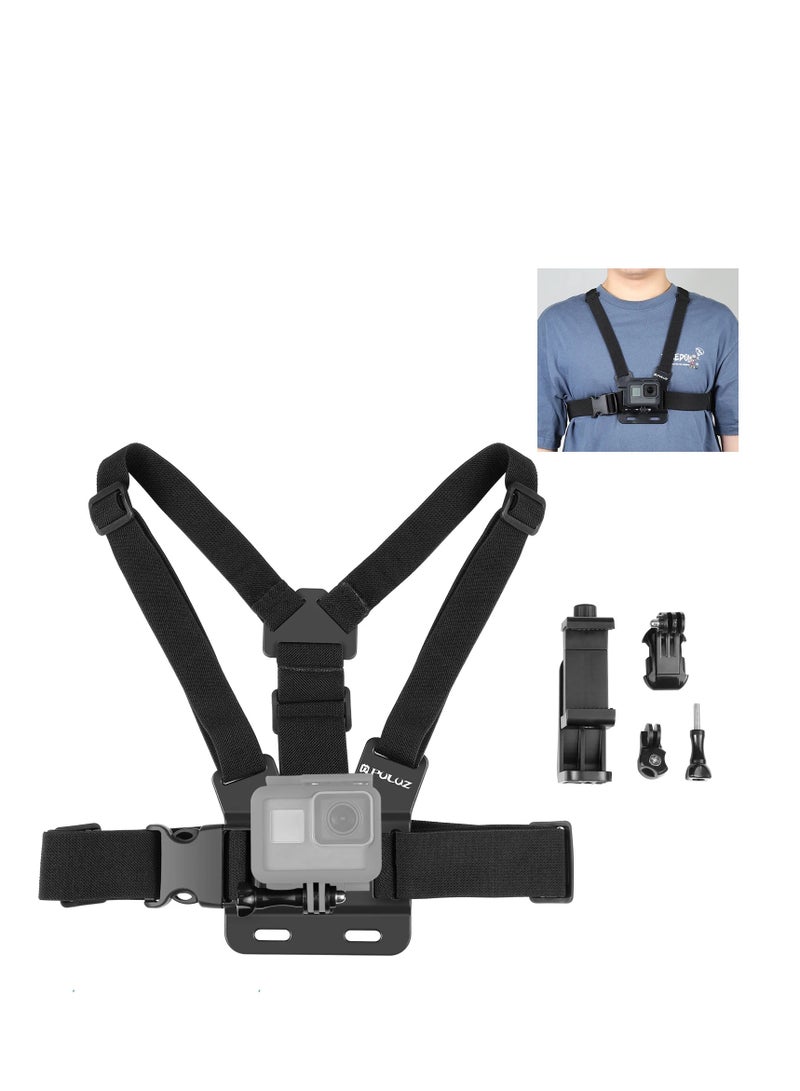 PULUZ 5 in 1 Adjustable Body Mount Belt Chest Strap with Phone Clamp & J Hook Mount & Long Screw For GoPro,Insta360 Action Cameras