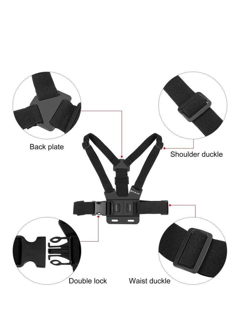 PULUZ 5 in 1 Adjustable Body Mount Belt Chest Strap with Phone Clamp & J Hook Mount & Long Screw For GoPro,Insta360 Action Cameras