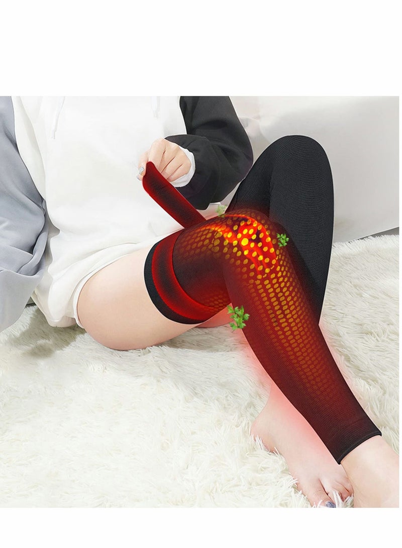 Self Heating Wormwood Knee Brace Long Compression Sleeve for Women Men Thermal Cotton Leg Warmer Pads Cold Protector, Heated Massager Wrap Arthritis Joint Pain Relief, L