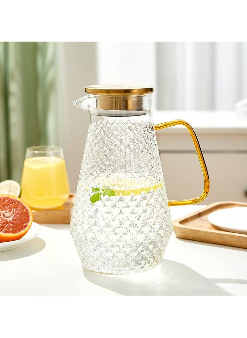 SYOSI Glass Pitcher, 50oz/1.5 L Glass Water Jug, Modern Style Borosilicate Glass Jug with Metal Lid & Spout for Tea/Juice/Beverage/Coffee/Milk, Cold and Heat resistance