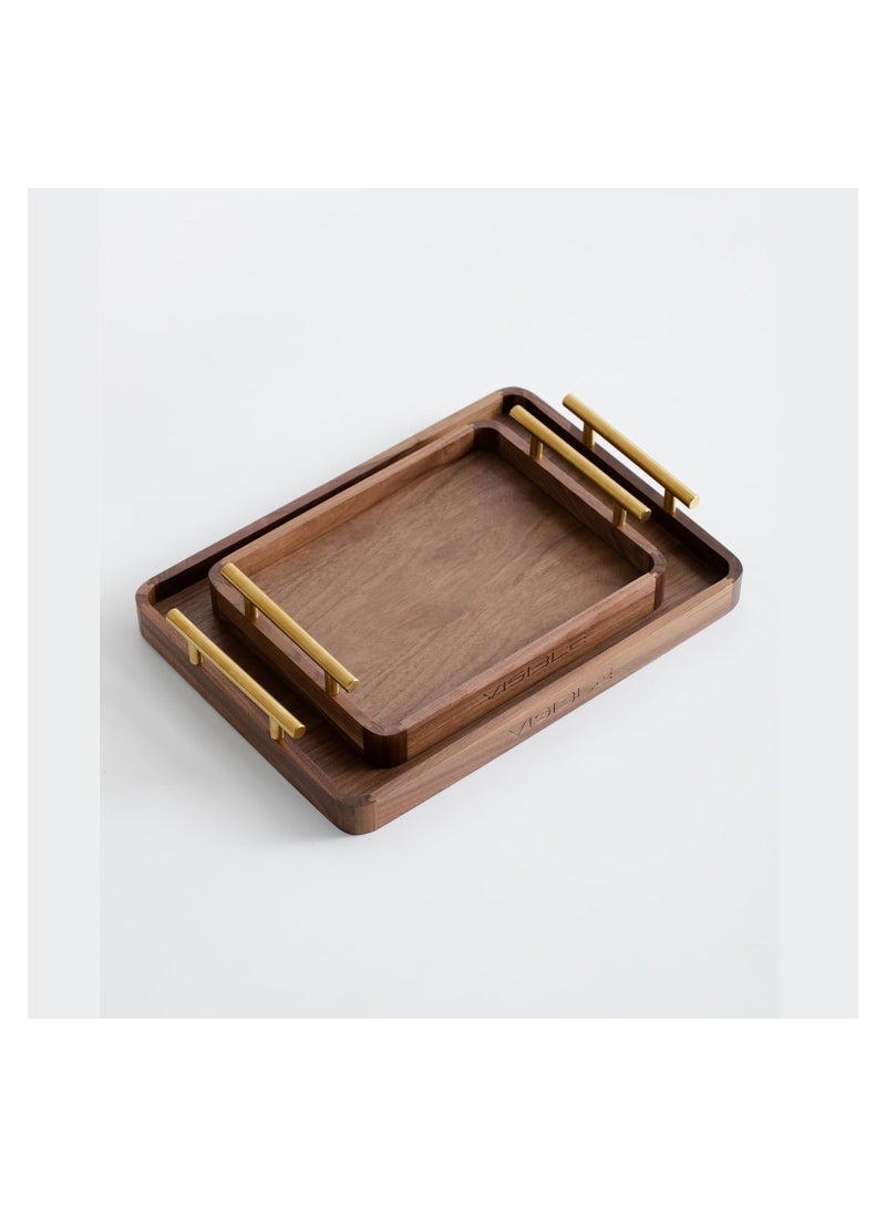Brand Walnut Wood + Brass Handles Long Rectangular Home Serving Tray 1 Pcs for Desserts, Cakes, Tea Cups, and Storage (Medium)
