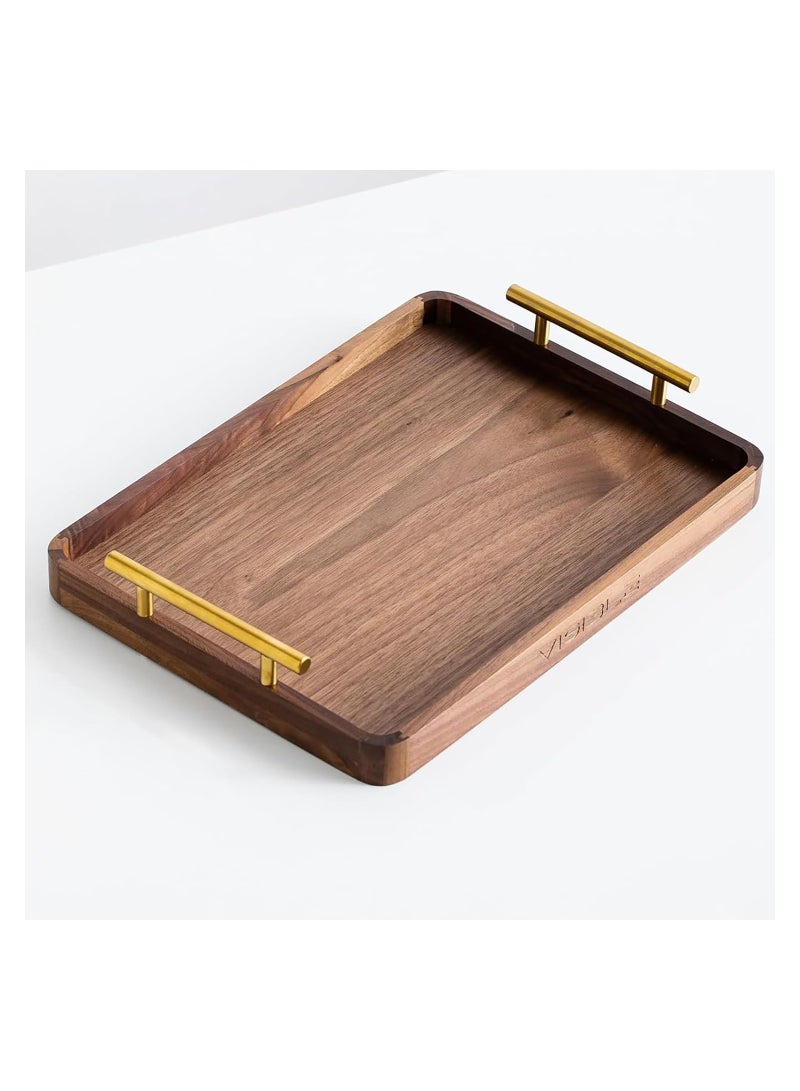 Brand Walnut Wood + Brass Handles Long Rectangular Home Serving Tray 1 Pcs for Desserts, Cakes, Tea Cups, and Storage (Medium)