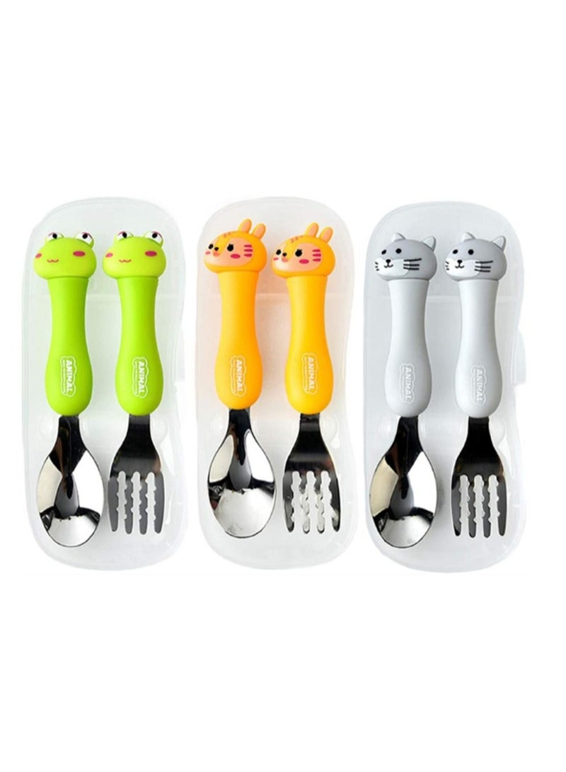 Kids Cutlery Sets,  3Pcs Children's Cute Cartoon Animals Portable Tableware Spoon Fork Set with Plastic Case 304 Stainless Steel