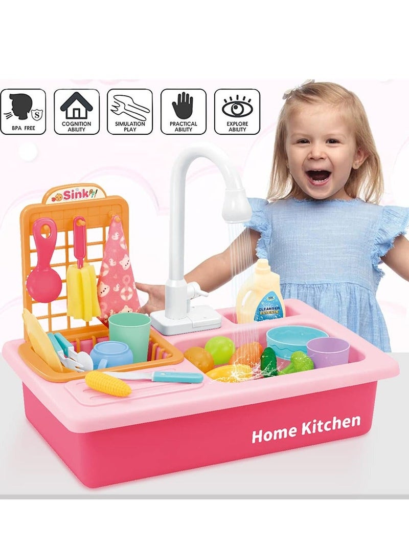 Play Kitchen Sink Toy Set, Play Sink with Running Water Electric Dishwasher, Kitchen Utensils, Role Play Toy, Kitchen Accessories Pretend Role Playset for Toddlers Children Girls (Pink)