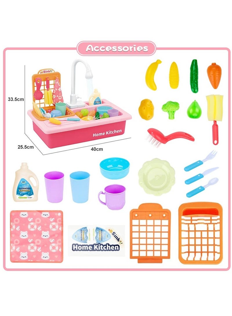 Play Kitchen Sink Toy Set, Play Sink with Running Water Electric Dishwasher, Kitchen Utensils, Role Play Toy, Kitchen Accessories Pretend Role Playset for Toddlers Children Girls (Pink)