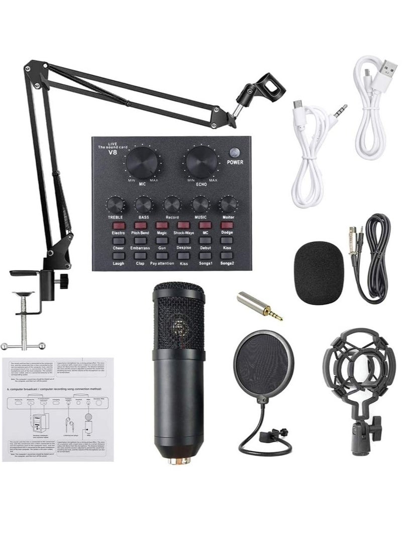 Microphone,Live Sound Card & BM800 Suspension Microphone Kit Broadcasting Recording Condenser Microphone Set Intelligent Volume Audio Mixer Sound Card for Computer PC Live Sound