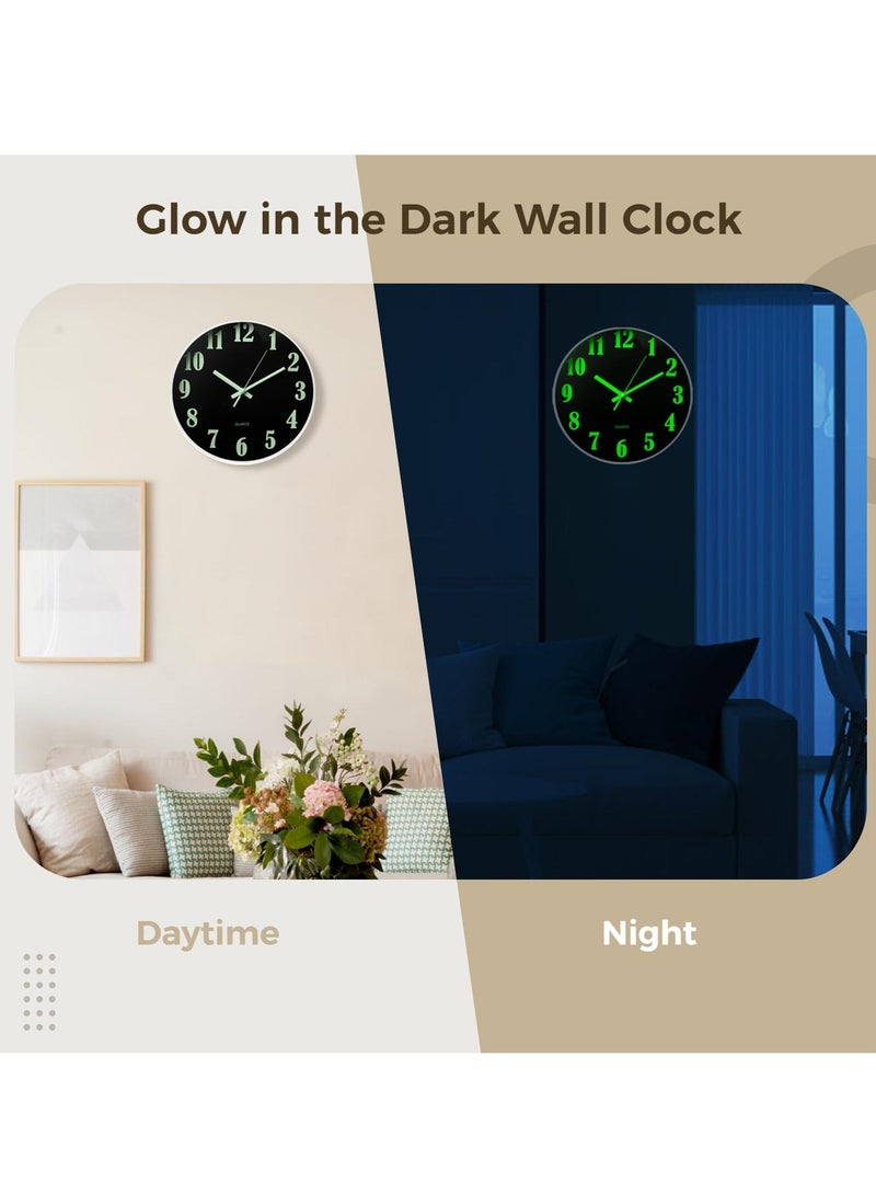Night light Wall Clocks, 12in Battery Operated Glow in The Dark Wall Clock, Ticking Silent Glow in The Dark Luminous Wall clock for Living Room and Bedroom in Dark