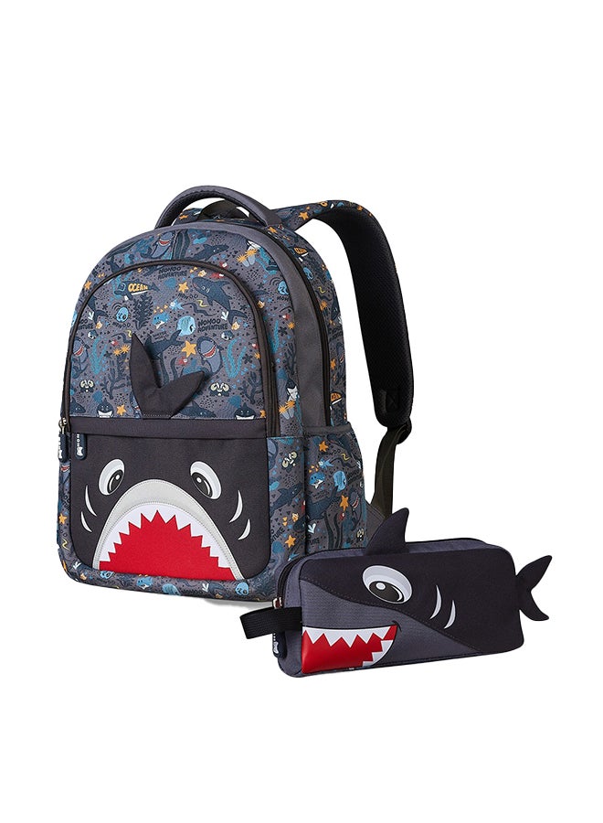 Kids 16 Inch School Bag with Pencil Case Combo Shark - Grey