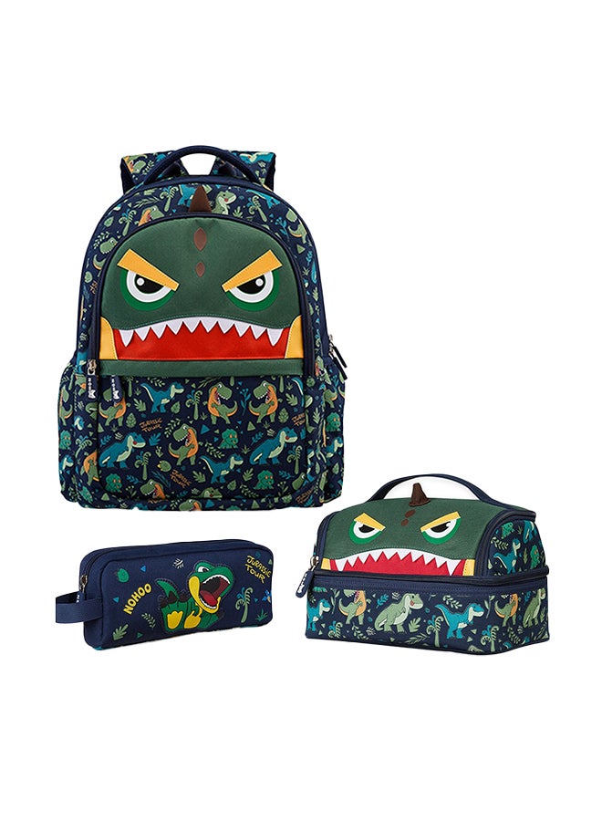 Set Of 3 16 Inch School Bag With Lunch Bag And Pencil Case Dino - Green