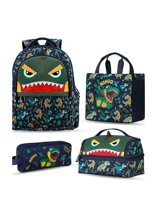 Set Of 4 16 Inch School Bag With Lunch Bag, Handbag And Pencil Case Dino - Green
