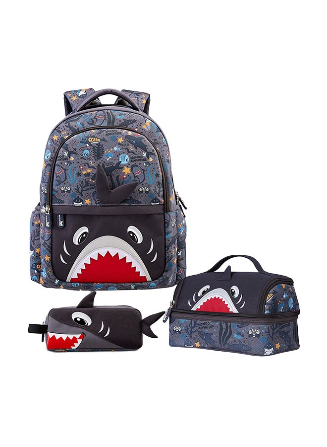 Kids 16 Inch School Bag with Lunch Bag and Pencil Case (Set of 3) Shark - Grey
