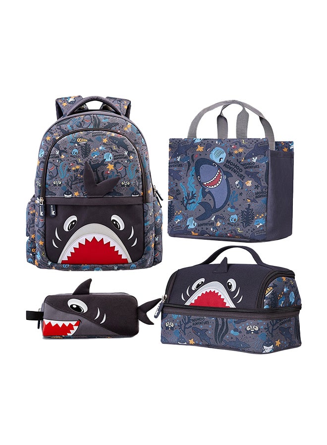 Set Of 4 16 Inch School Bag With Lunch Bag, Handbag And Pencil Case Shark - Grey