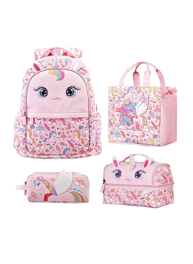 Kids 16 Inch School Bag with Lunch Bag, Handbag and Pencil Case (Set of 4) Unicorn - Pink