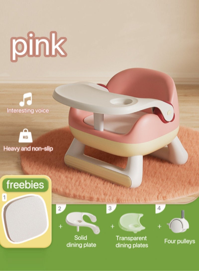 Multi Functional 3-in-1 Anti Slip Children's Dining Chair Set of Four Pieces, Ergonomic Backrest, Seat Cushion That Can Make Sound, Tray That Can Be Removed, Pulley Can Be Installed, Pink