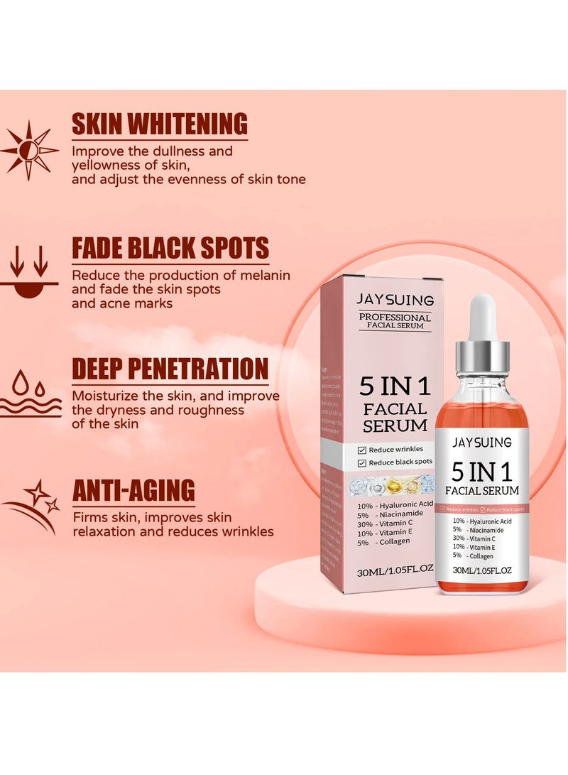 Facial Serum, 5 In 1 Moisturizing Whitening Serum, Facial Serum With Hyaluronic Acid And Niacinamide, Fast Absorbing Dark Spot Corrector Serum, Anti Wrinkles Serum For Age Defying Beauty