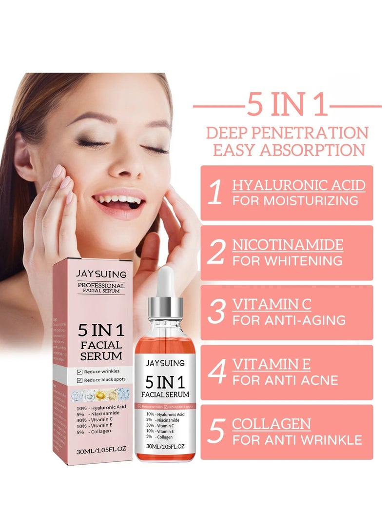 Facial Serum, 5 In 1 Moisturizing Whitening Serum, Facial Serum With Hyaluronic Acid And Niacinamide, Fast Absorbing Dark Spot Corrector Serum, Anti Wrinkles Serum For Age Defying Beauty