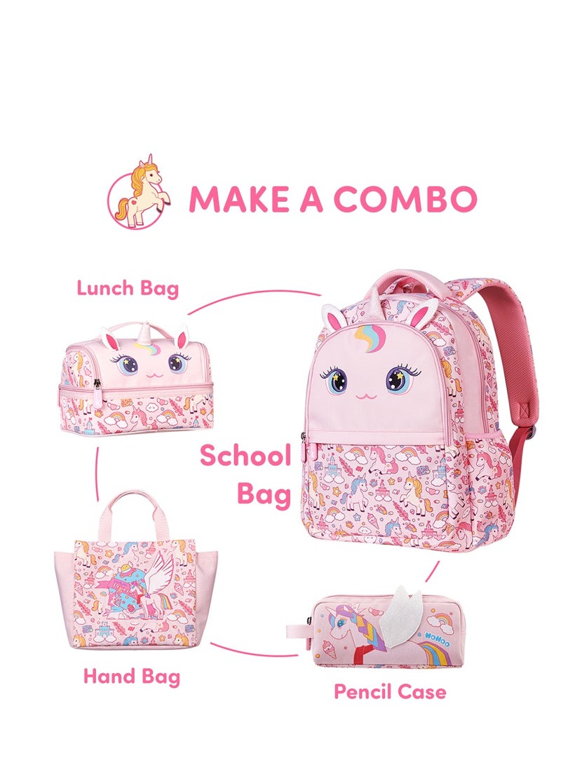 Nohoo Kids 16 Inch School Bag with Lunch Bag and Pencil Case (Set of 3) Unicorn - Pink