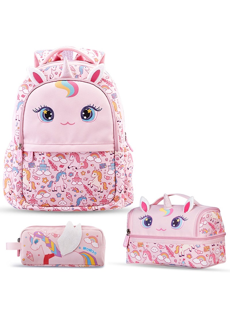 Nohoo Kids 16 Inch School Bag with Lunch Bag and Pencil Case (Set of 3) Unicorn - Pink