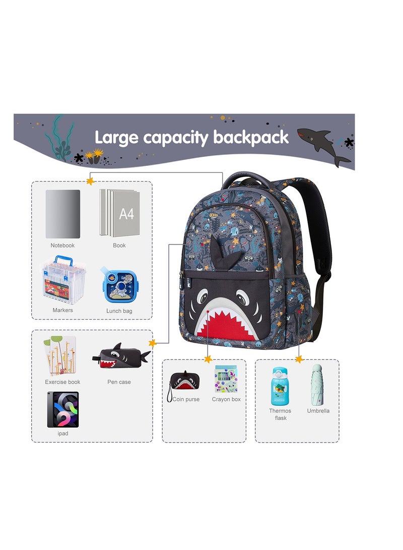 Nohoo Kids 16 Inch School Bag with Lunch Bag Combo Shark - Grey