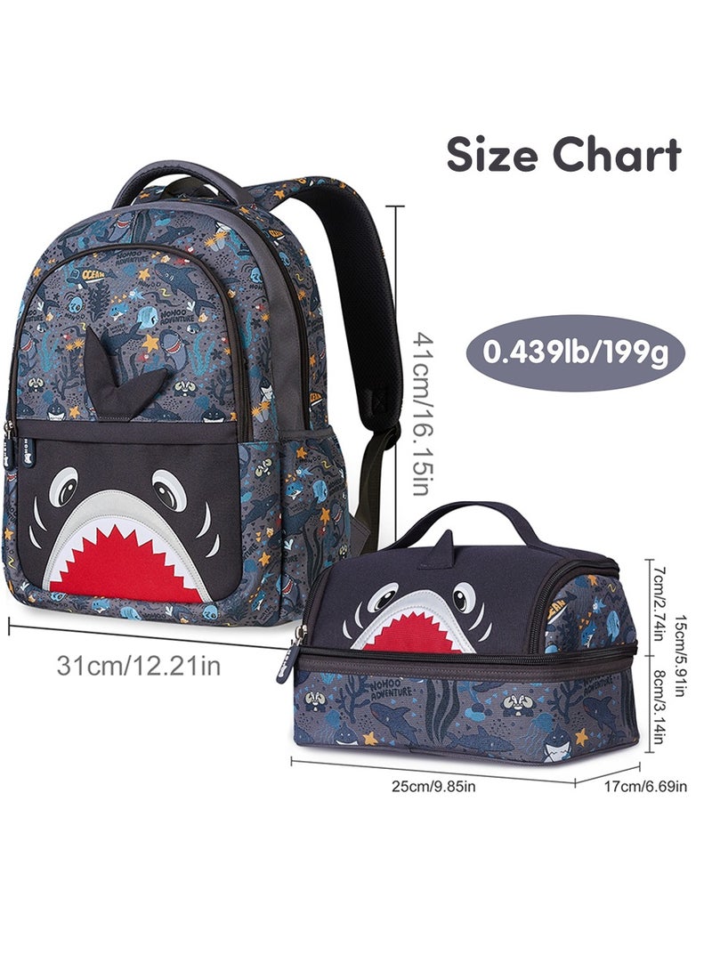 Nohoo Kids 16 Inch School Bag with Lunch Bag Combo Shark - Grey