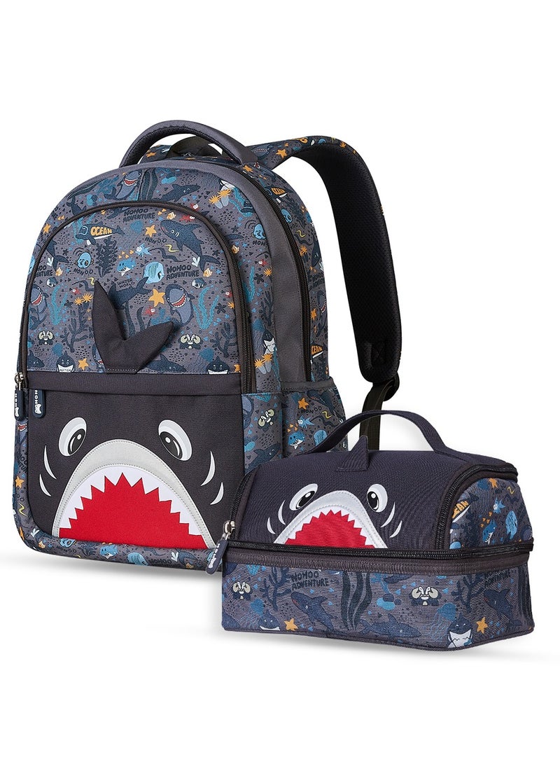 Nohoo Kids 16 Inch School Bag with Lunch Bag Combo Shark - Grey