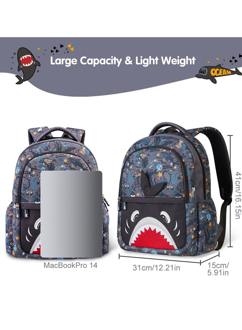 Nohoo Kids 16 Inch School Bag with Lunch Bag Combo Shark - Grey