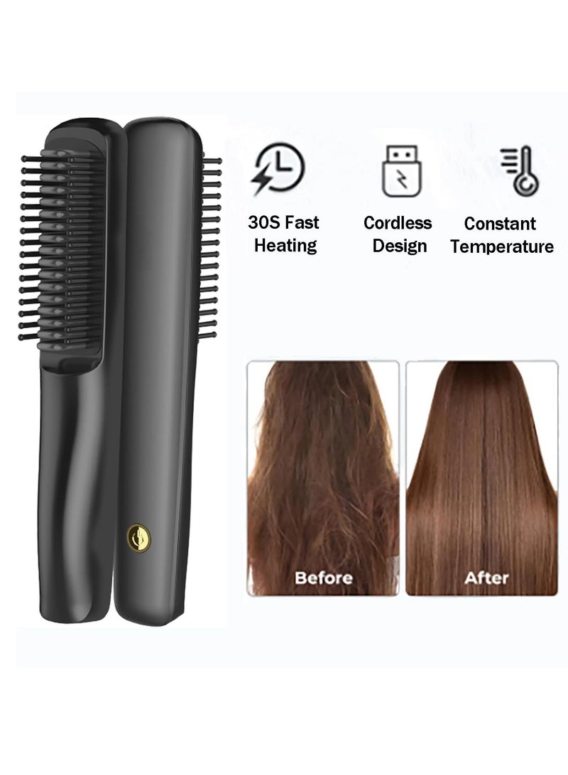 2-in-1 Mini Hair Straightening Brush & Curler, USB Rechargeable Anti-Scald Comb, Wireless Ionic Beard Straightener with 200°C Constant Temperature