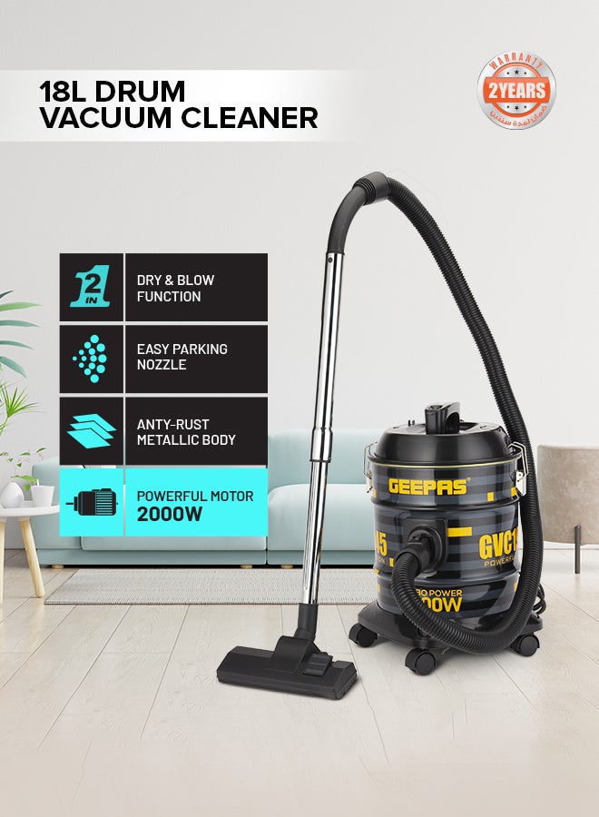 Drum Vacuum Cleaner- 18 L Dust Bag Capacity with Elegant Body, Metallic Tank/ Powerful Suction, Dry and Blow Function, Full Indicator/ Perfect for Home, Office, Apartments 18 L 2000 W GVC19045 Black, Yellow