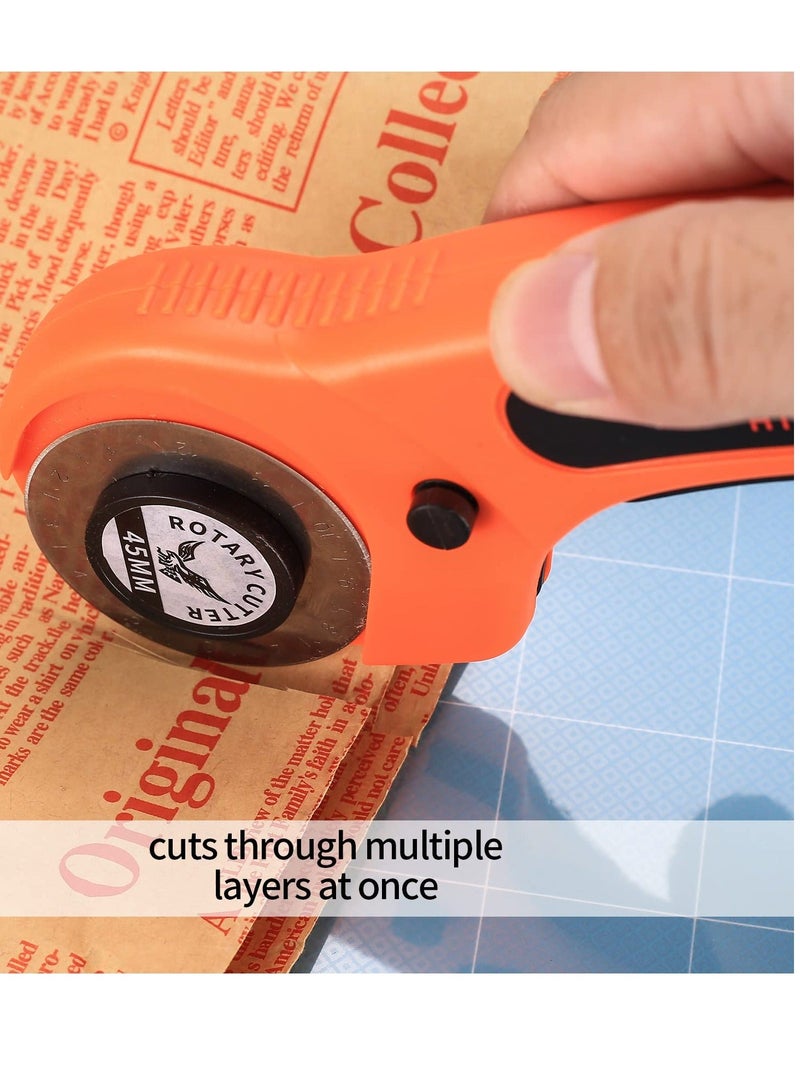 45mm Rotary Cutter, Rotary Fabric Cutter with 5pcs Extra Blades Ergonomic Handle Rolling Cutter with Safety Lock for Precise Cutting, Rotary Cutter for Fabric, Leather, Crafting, Sewing