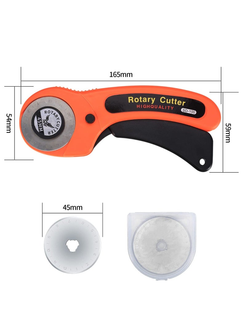 45mm Rotary Cutter, Rotary Fabric Cutter with 5pcs Extra Blades Ergonomic Handle Rolling Cutter with Safety Lock for Precise Cutting, Rotary Cutter for Fabric, Leather, Crafting, Sewing
