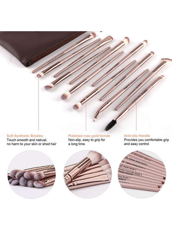 Eye Makeup Brushes 12 Pcs Professional Eye Brush Set Eyeshadow Eyebrow Blending Fan Eyelash Brush Set With Carrying Bag(Champagne Gold)