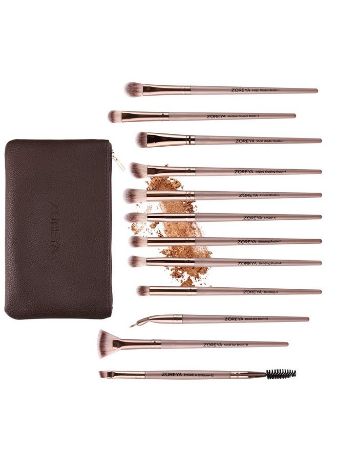 Eye Makeup Brushes 12 Pcs Professional Eye Brush Set Eyeshadow Eyebrow Blending Fan Eyelash Brush Set With Carrying Bag(Champagne Gold)