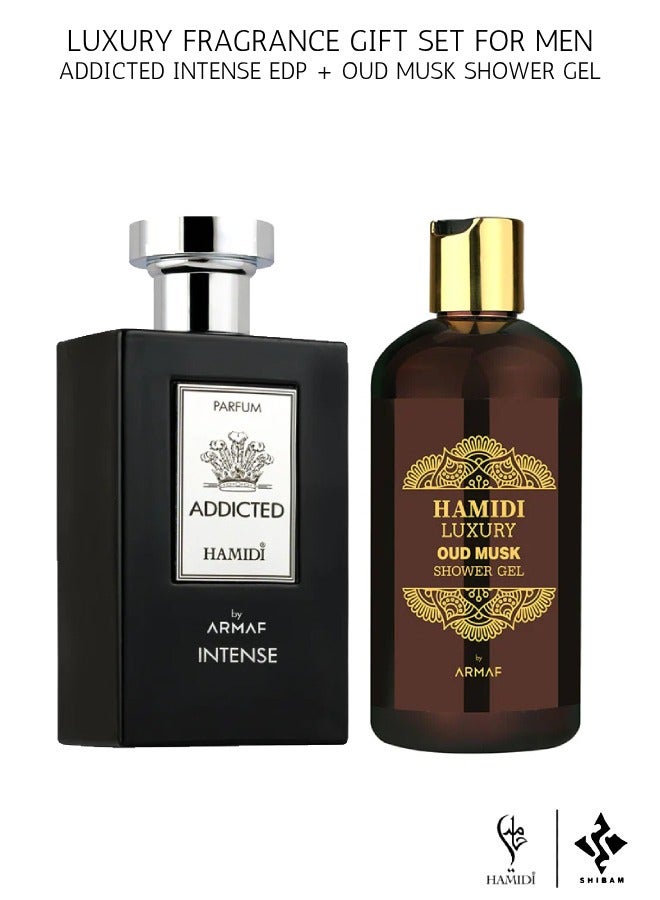 Luxurious Bundle Offer Fragrance Gift Set For Men - Addicted Intense Eau De Parfum 120ml & Oud Musk Shower Gel 500ml (assorted)