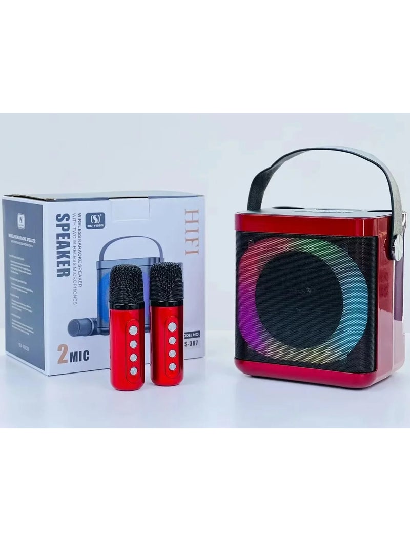 YS307 Home Karaoke Portable Bluetooth Speaker Dual Wireless Microphone Red