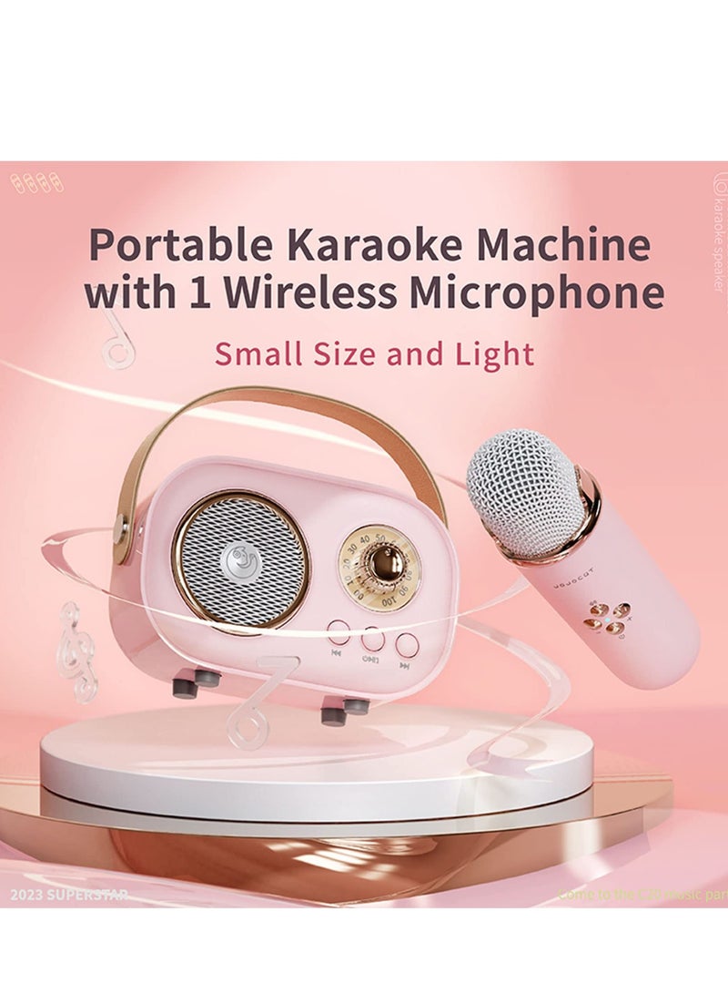 Mini Karaoke Machine with Wireless Microphone Set, Portable Bluetooth Karaoke Speaker, Retro Handheld Style Bluetooth Speaker for Kids and Adults for Family Party Singing Party Birthday (Pink)