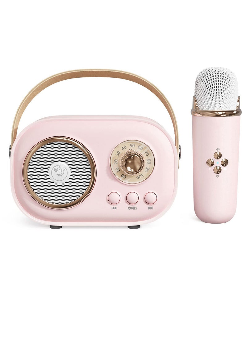 Mini Karaoke Machine with Wireless Microphone Set, Portable Bluetooth Karaoke Speaker, Retro Handheld Style Bluetooth Speaker for Kids and Adults for Family Party Singing Party Birthday (Pink)