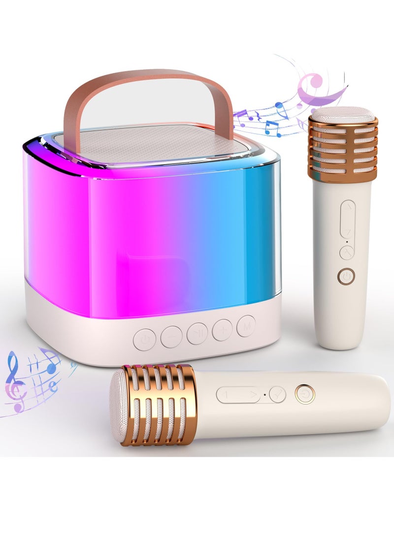 2024 Karaoke Machine for Kids Adults Mini Portable Handheld Bluetooth Karaoke Speaker with 2 Wireless Mics Long Range Illusionary Flowing Light for Home Party Birthday Party Gifts Beige