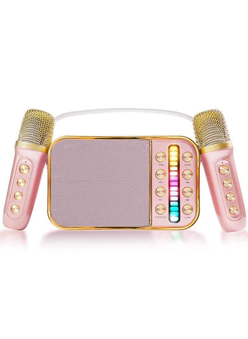 Mini Karaoke Machine with 2 Wireless Microphone Set Mini Karaoke Machine for Kids and Adults Portable Handheld Microphone and Speaker Set Retro Speaker System with Disco Light Home Party KTV Pink