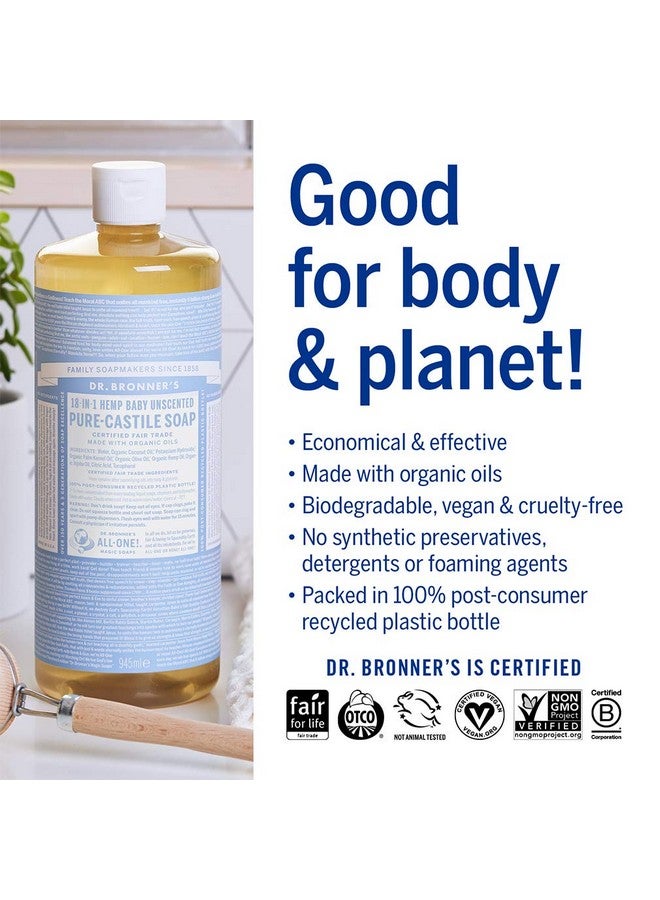 Dr. Bronner’S Purecastile Liquid Soap Baby Unscented Bundle. 32 Oz. Bottle And 2 Oz. Travel Bottle