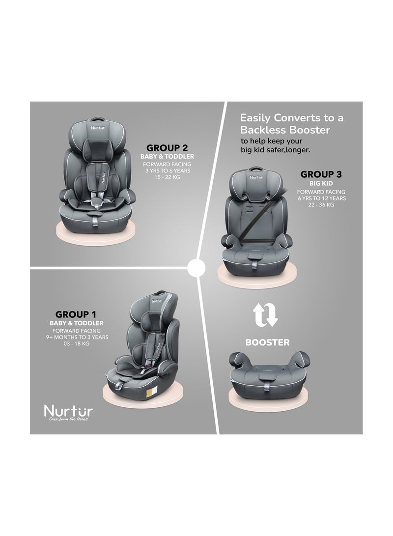 Nurtur Ragnar Baby/Kids 3-in-1 Car Seat + Booster Seat - Adjustable Headrest - Extra Protection - 5-Point Safety Harness - 9 months to 12 years,