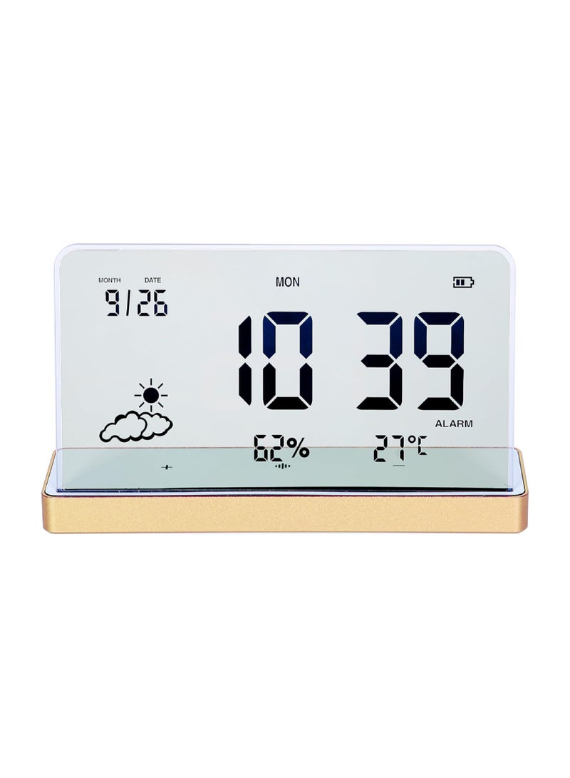 Alarm Clock for Bedroom, 3 Lould Alarms, Transparent LCD Display with Indoor Temperature and Humidness, Endurance Over 40 Days, Future Digital Clock for Gifts