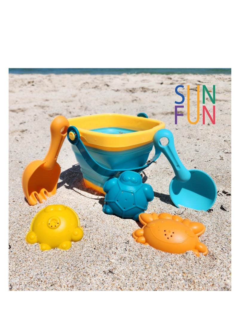 Beach Toys for Kids  Sand Toys  Folding Bucket Shovel and Sand Rake 3 Sand Molds  6 PCS Soft Rubber Toys  Sandbox Toys  Bath Toys