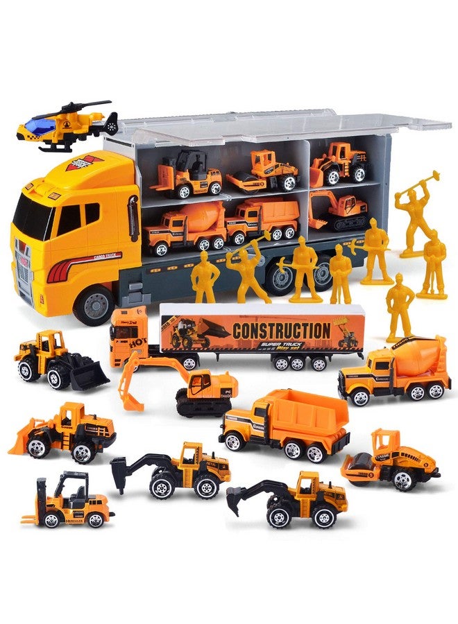 19 In 1 Die Cast Construction Toy Truck With Little Figures Mini Construction Vehicles In Big Carrier Truck Patrol Rescue Helicopter For Boys 3 9 Years Old Kids Value Birthday Easter Gifts