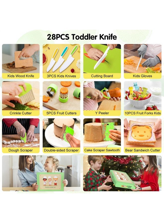 28Pcs Toddler Knife Set Kids Knifes For Real Cooking Wooden Kids Kitchen Knife Set With Gloves Cutting Board Fruit Vegetable Crinkle Cutters Plastic Kid Safe Knives Toddlers Kitchen Tools