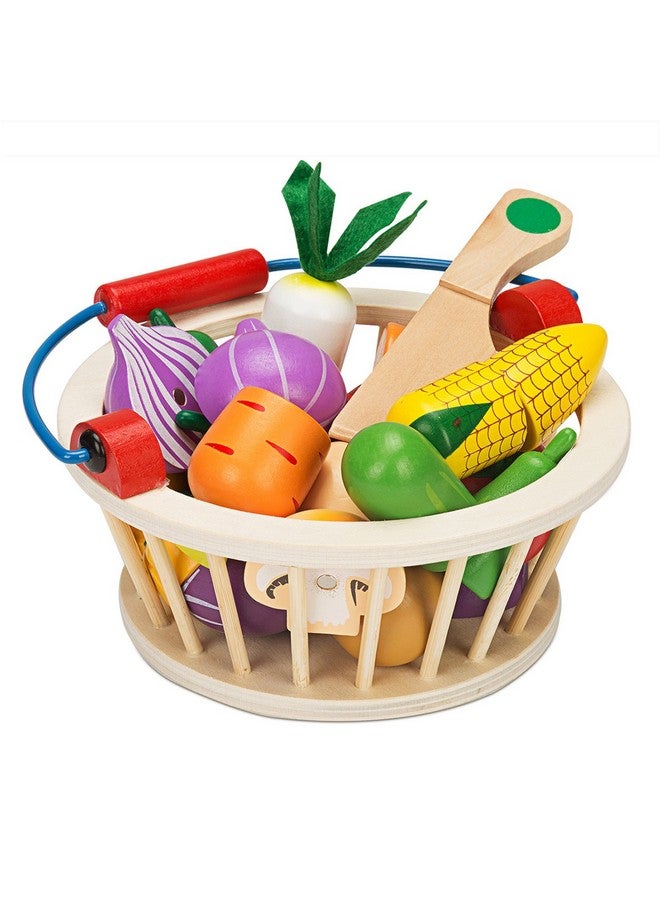 Magnetic Wooden Cutting Fruits Vegetables Food Play Toy Set With Basket For Kids (Vegetables)
